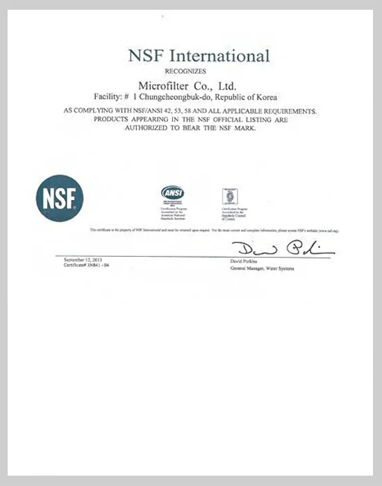 NSF product certification document from the Microfilter archive