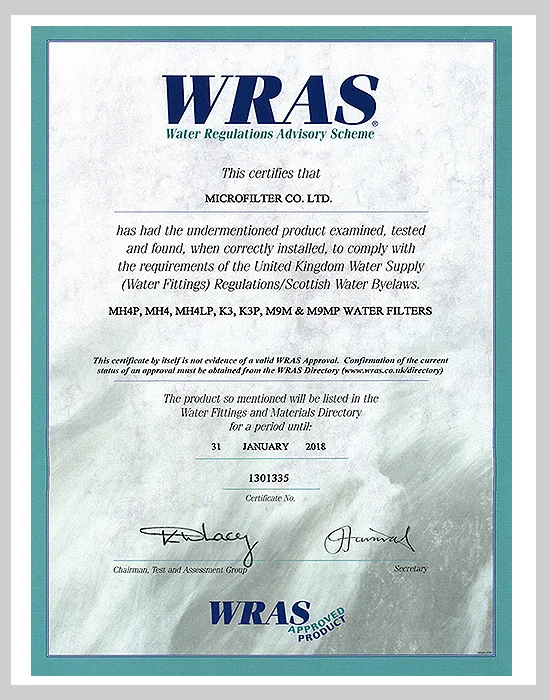 WRAS approval document from the Microfilter archive