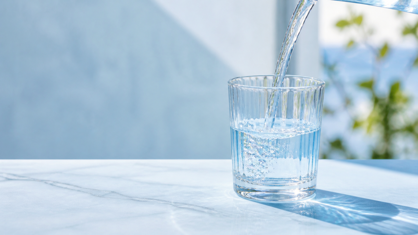 Sunlight sparkling through a freshly poured glass of water